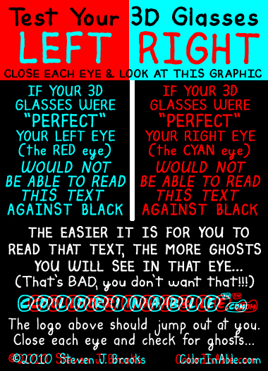 TEst your 3D glasses. You need to look at this graphic to test Anaglyph 3D glasses. 